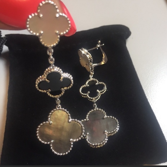 handmade Jewelry - ❤️ Silver Clover Earrings Mother of pearl Onyx